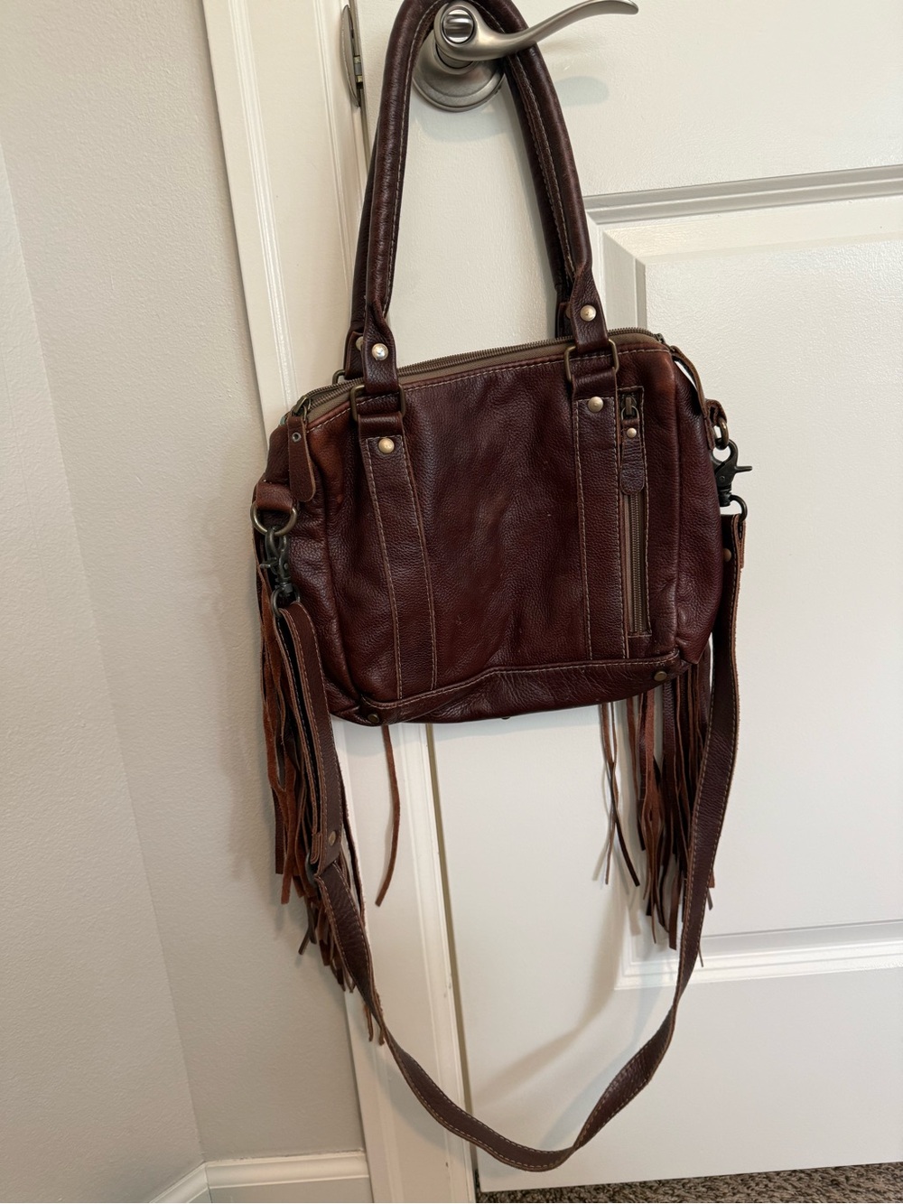 Myra Bag Brown & Turquoise Fringe Cowhide Crossbody Satchel - Picture 2 of 3